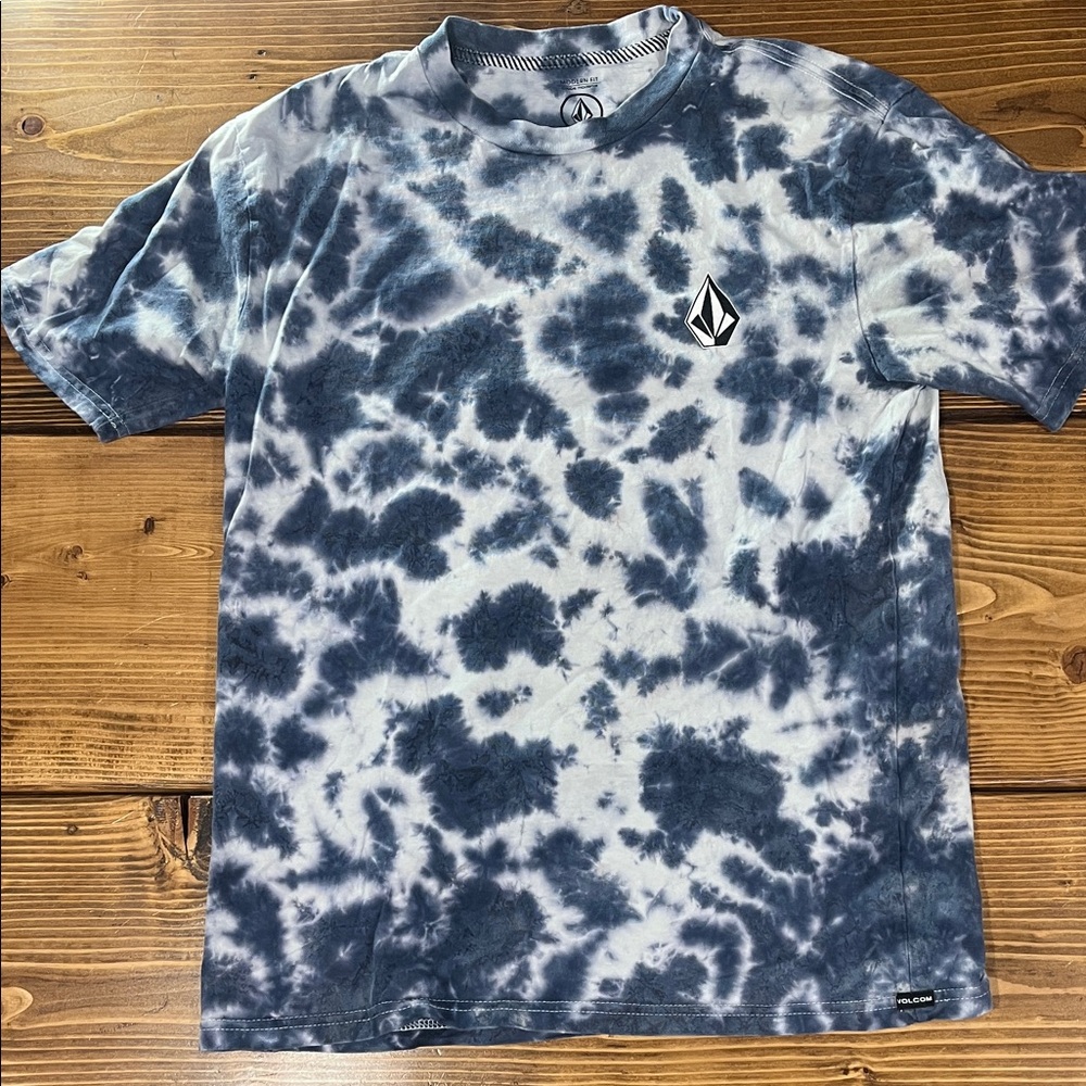Volcom Navy White Tie-Dye Iconic Stone Dye Logo Short Sleeve Cotton Skate Tee -